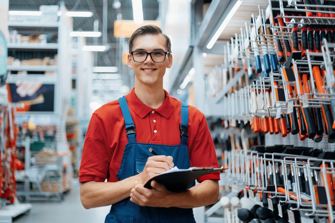 A smiling man holding a clipboard in a hardware store